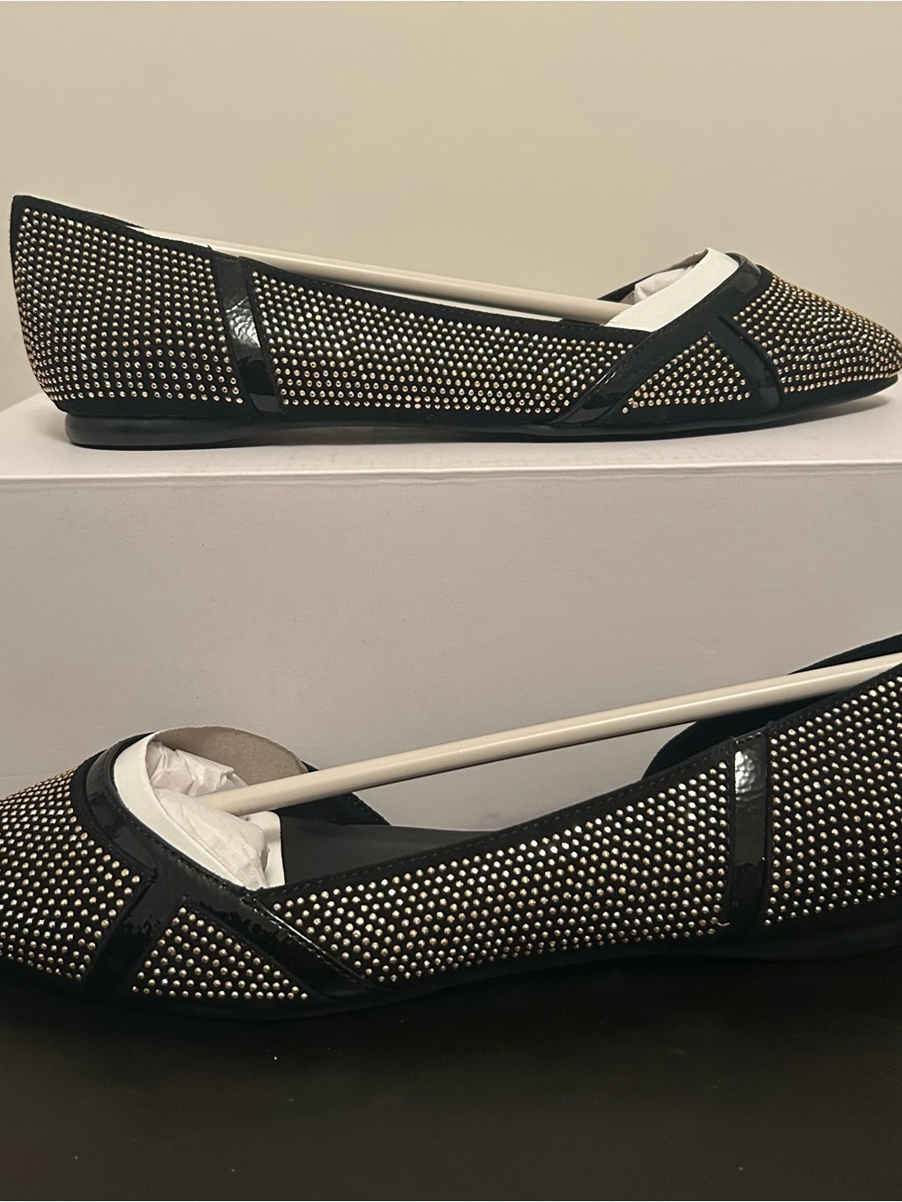 Brand New in Box Aldo Pointed Toe Flats, Black with gold studs, Size 6